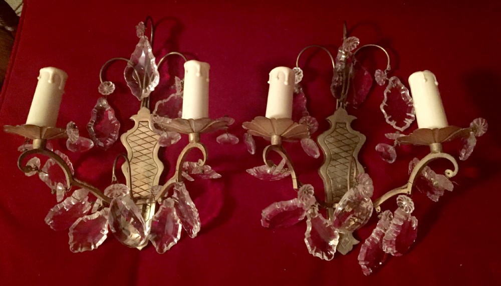 Pair Wall Lights Girandoles Crystal and Bronze 1920 rench