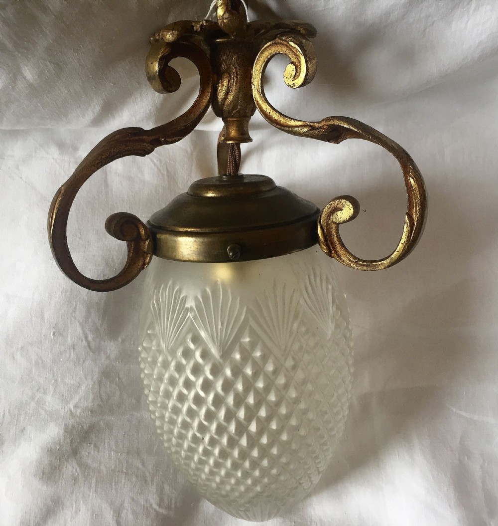 Art Nouveau Hall Lantern Bronze and Etched Glass.