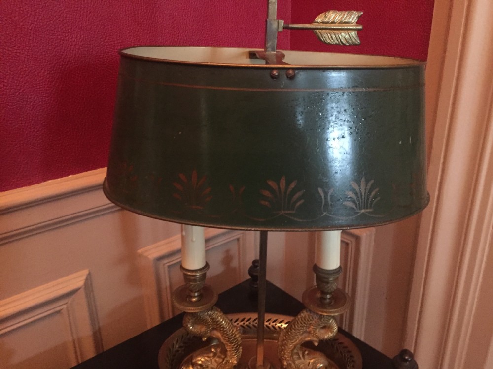 Traditional Bouillotte Desk Lamp Dolphin Bronze and Green Tole View V
