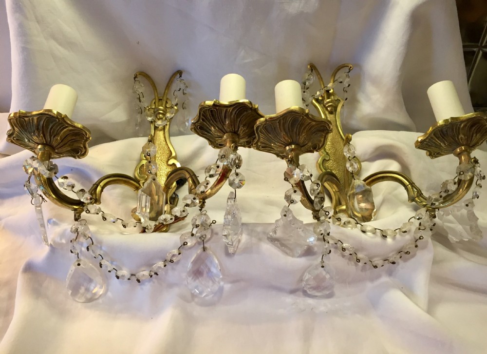 Original  Pair French  Wall Lights Bronze and Crystal View II