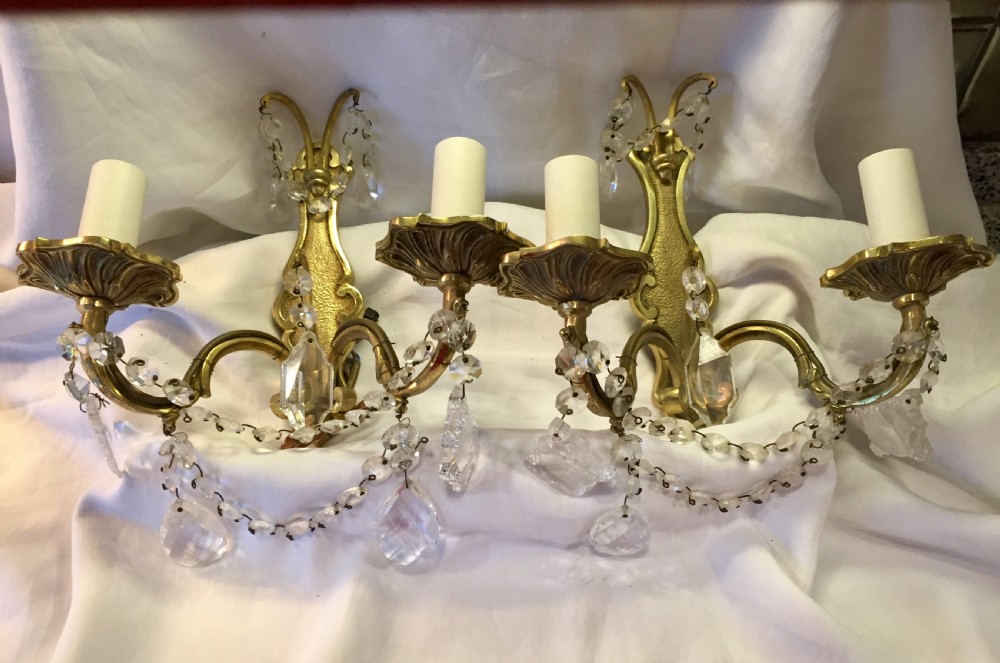 Original  Pair French  Wall Lights Bronze and Crystal View III