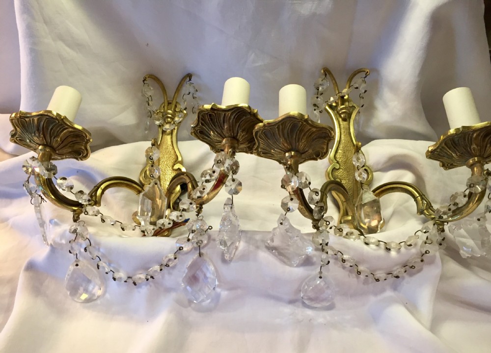 Original  Pair French  Wall Lights Bronze and Crystal View VII