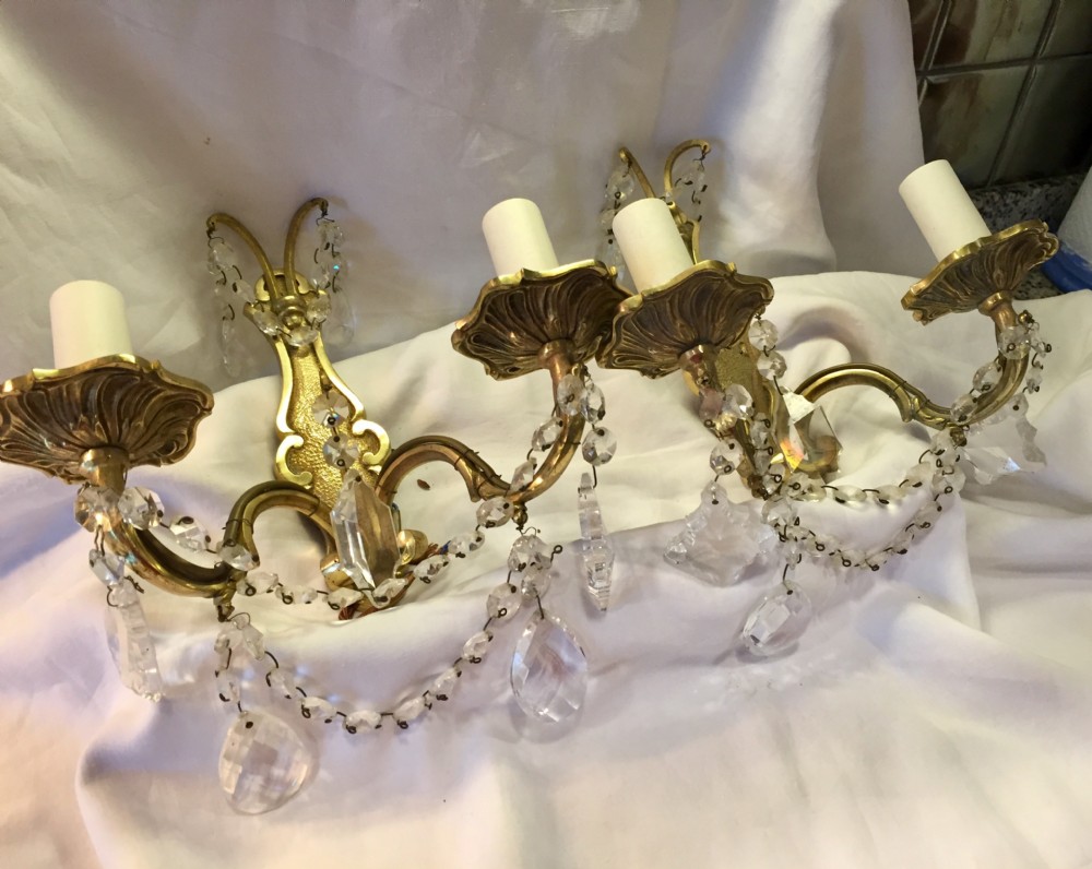 Original  Pair French  Wall Lights Bronze and Crystal