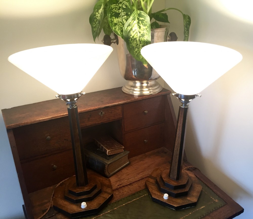 Pair Art Deco  Uplighter Table Lamps Oak and Opaline View III