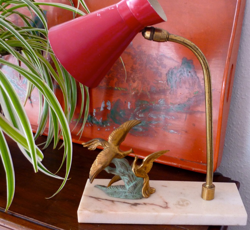 Art Deco Adjustable Desk Lamp Seagulls on Wave Marble Red Toleware View IV