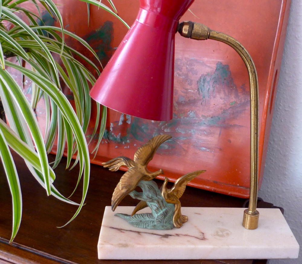 Art Deco Adjustable Desk Lamp Seagulls on Wave Marble Red Toleware View VI