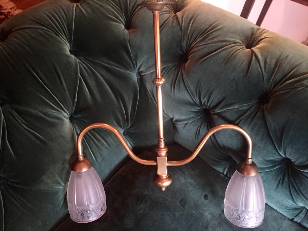 Iconic Edwardian Two Branch Ceiling Light Bronze and Frosted Glass View II
