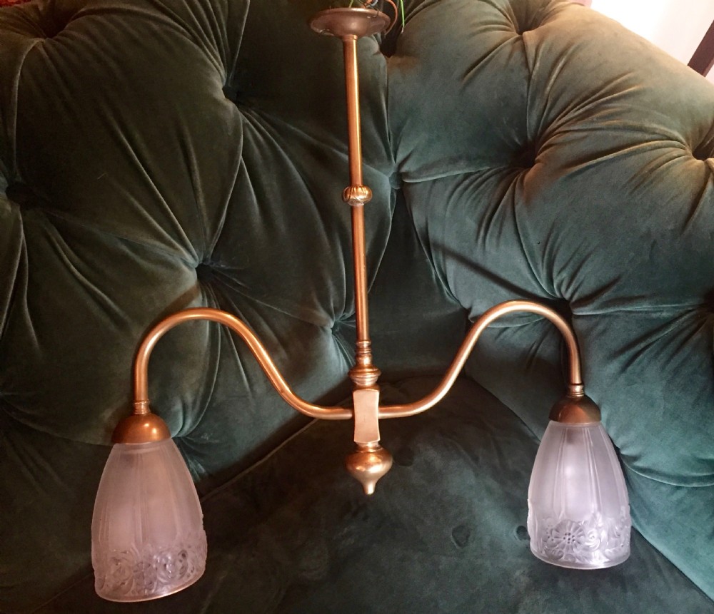 Iconic Edwardian Two Branch Ceiling Light Bronze and Frosted Glass View III