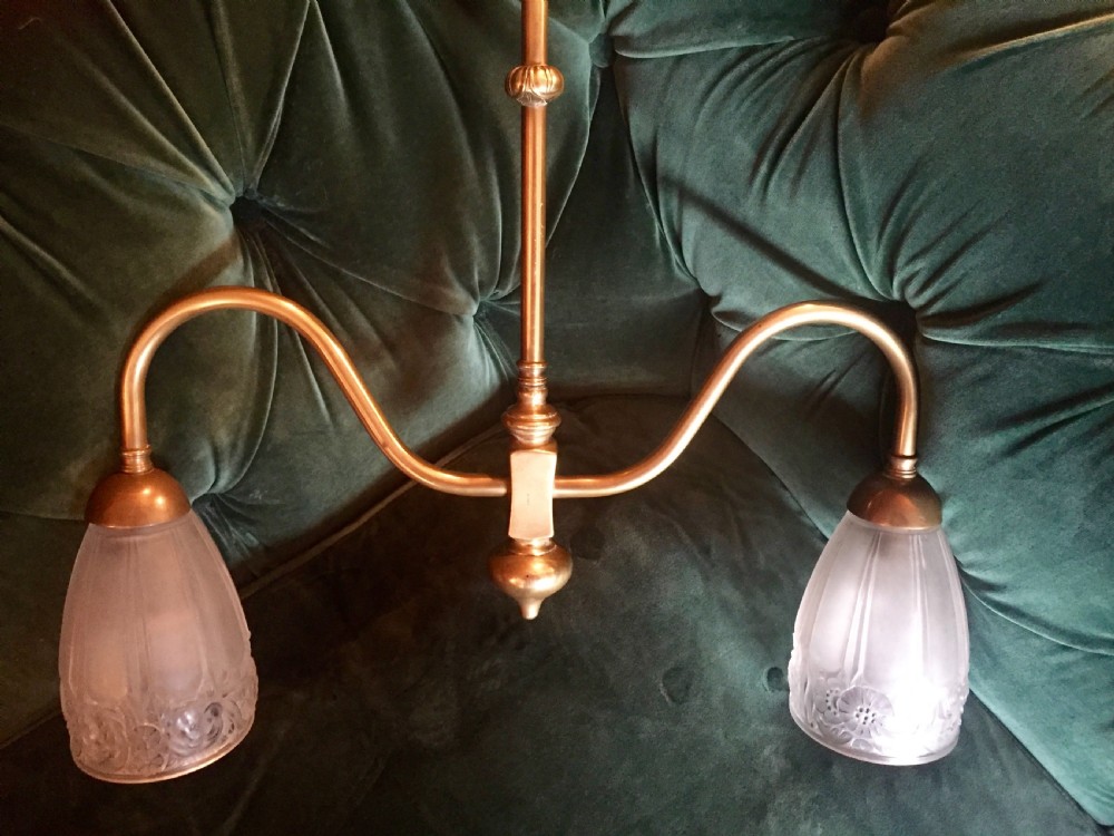 Iconic Edwardian Two Branch Ceiling Light Bronze and Frosted Glass View VI