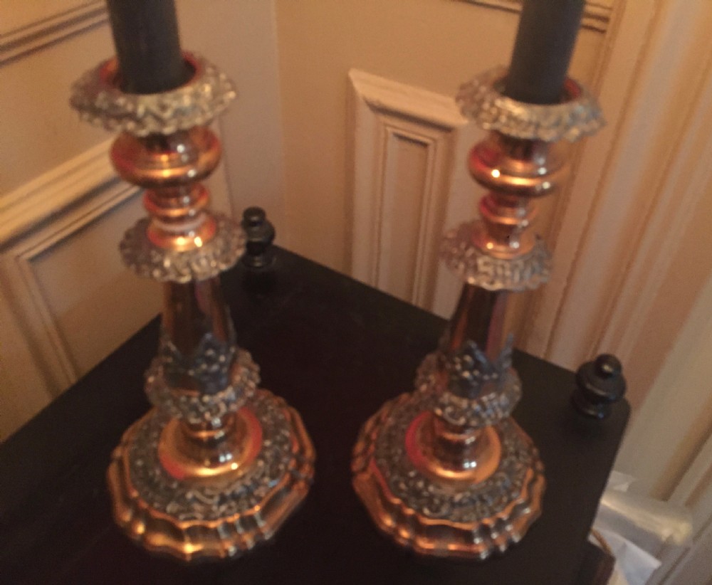 Pair Arts and Crafts Candlesticks Silver on Copper View II