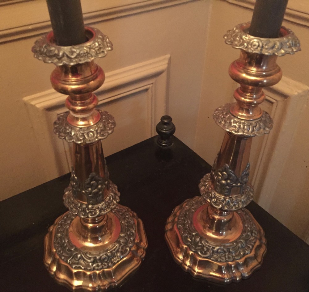 Pair Arts and Crafts Candlesticks Silver on Copper View IV