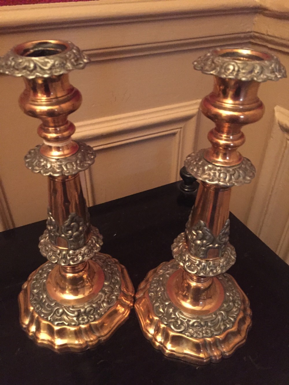 Pair Arts and Crafts Candlesticks Silver on Copper