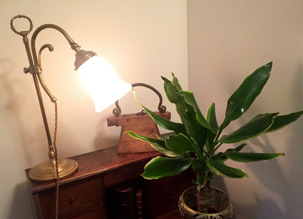 An Edwardian adjustable brass desk lamp featuring a curved arm, circular stepped base, top loop handle, and a illuminated white shade. View VIII