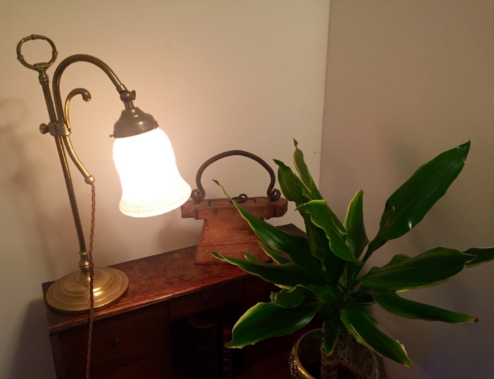 An Edwardian adjustable brass desk lamp featuring a curved arm, circular stepped base, top loop handle, and a illuminated white shade.