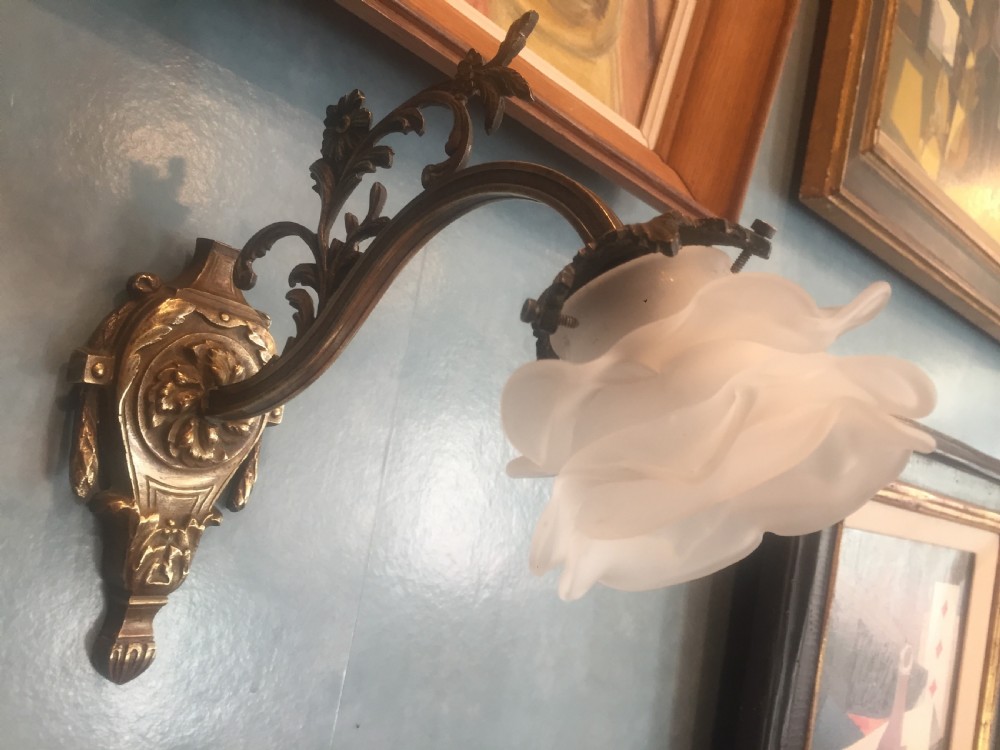 Art Nouveau Single Wall Light Bronze and Frosted Glass