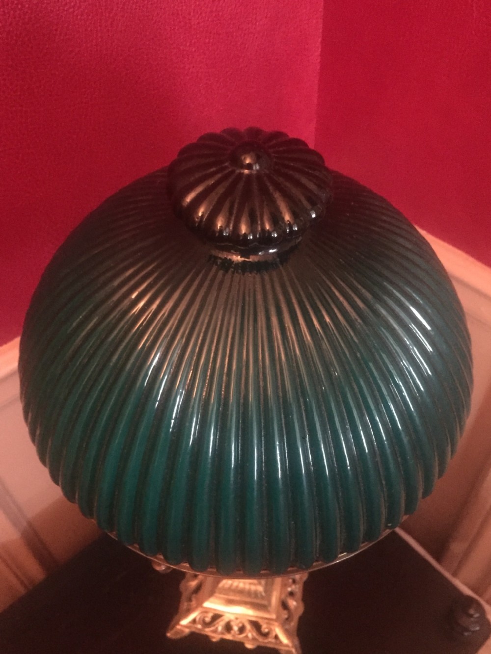 Art Nouveau Desk Lamp Bronze and Green Dome Opaline View V