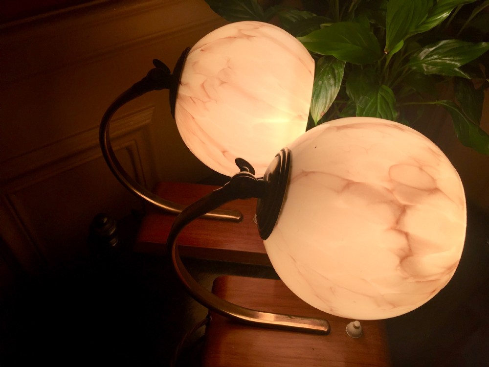 Iconic Pair Art Deco Adjustable 
Desk Lamps Brass Opaline and Oak View III