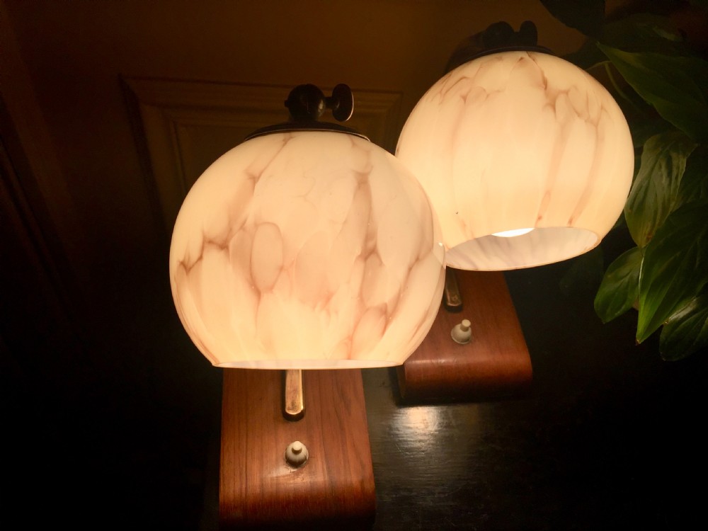 Iconic Pair Art Deco Adjustable 
Desk Lamps Brass Opaline and Oak View II