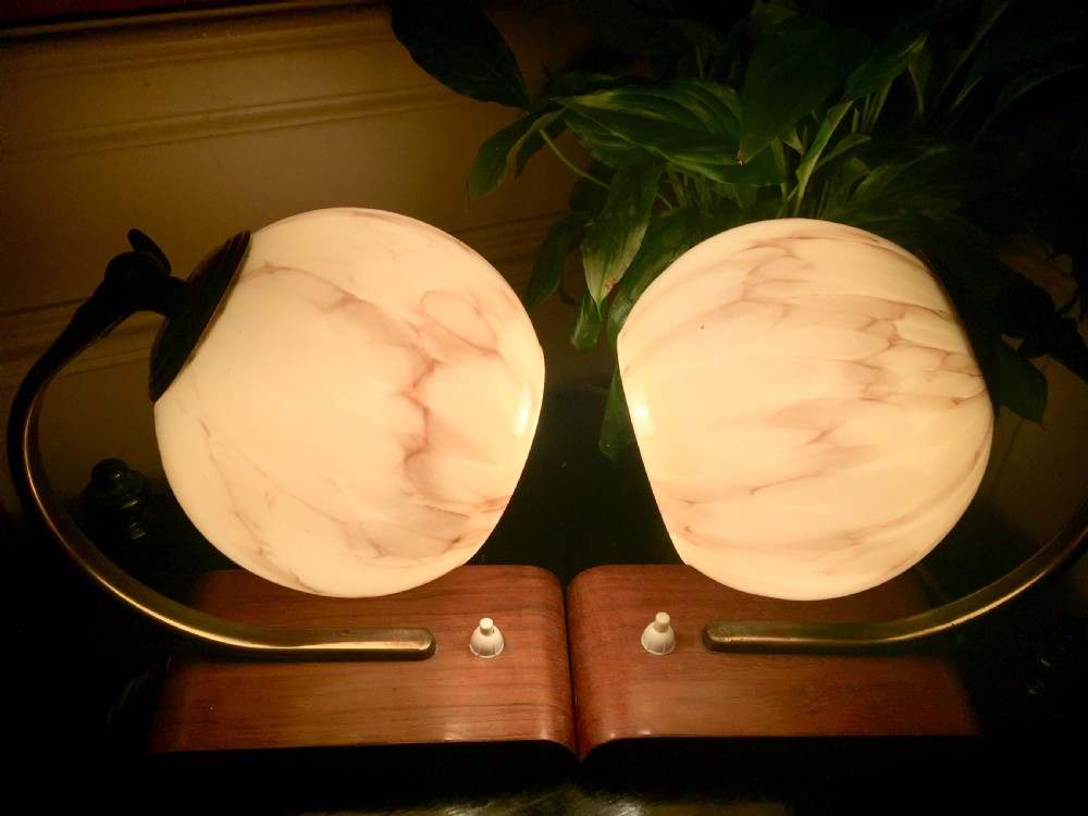 Iconic Pair Art Deco Adjustable 
Desk Lamps Brass Opaline and Oak