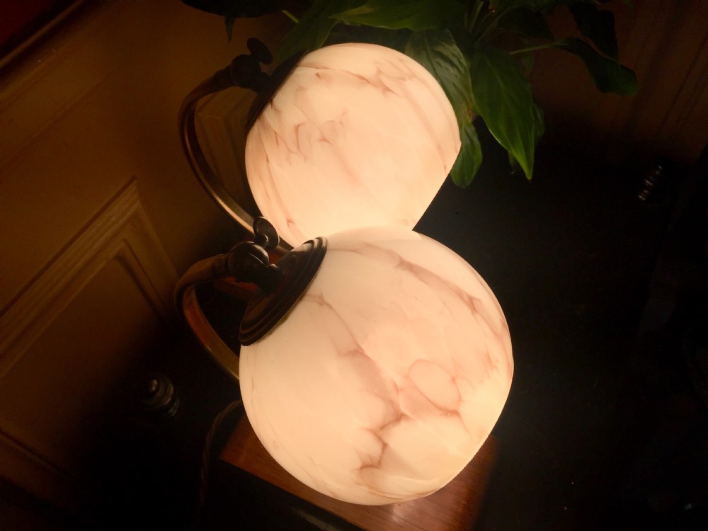 Iconic Pair Art Deco Adjustable 
Desk Lamps Brass Opaline and Oak View IV