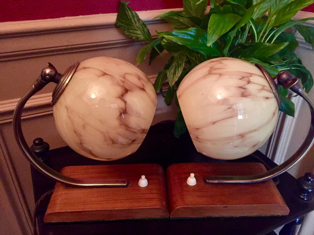 Iconic Pair Art Deco Adjustable 
Desk Lamps Brass Opaline and Oak View V
