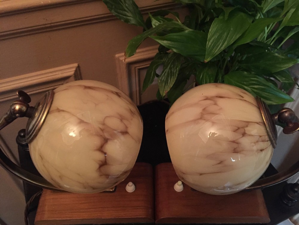 Iconic Pair Art Deco Adjustable 
Desk Lamps Brass Opaline and Oak View VI