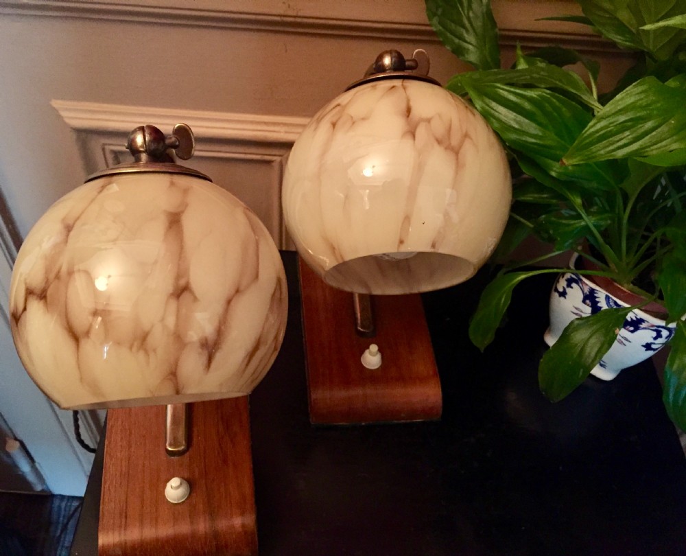 Iconic Pair Art Deco Adjustable 
Desk Lamps Brass Opaline and Oak View VII