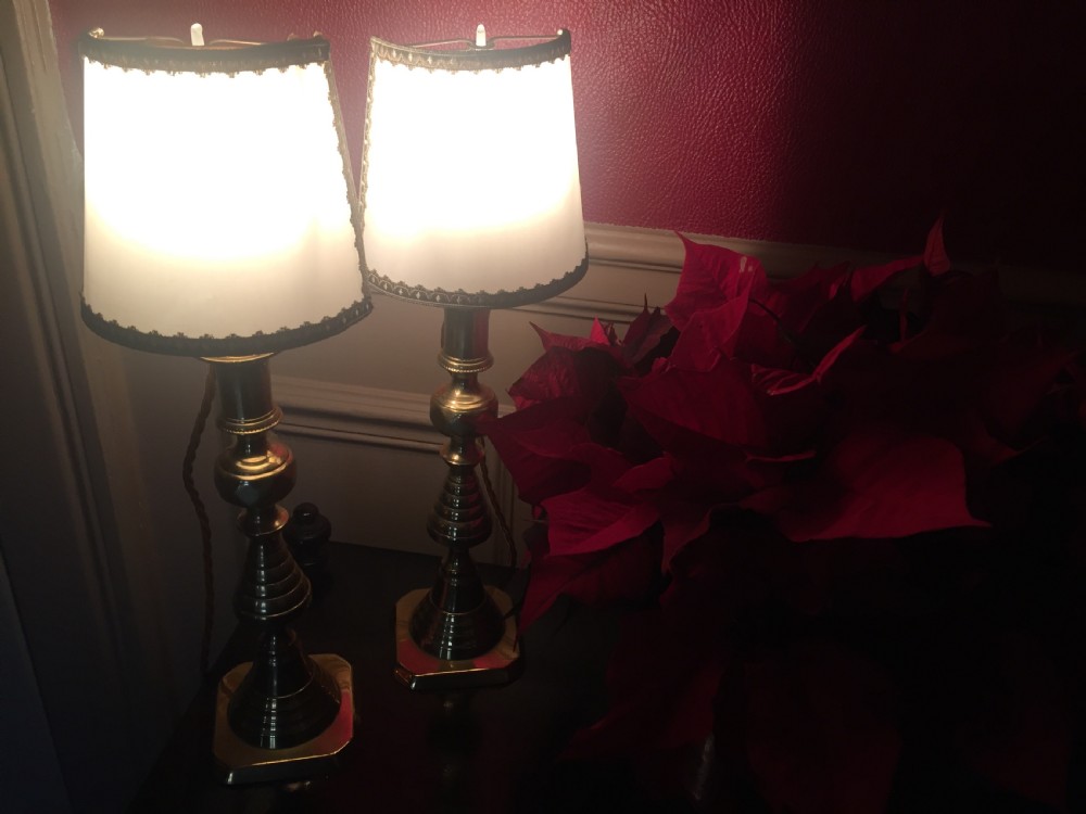 A pair of turned brass table lamps designed in the style of Georgian candlesticks with stepped square bases. View III