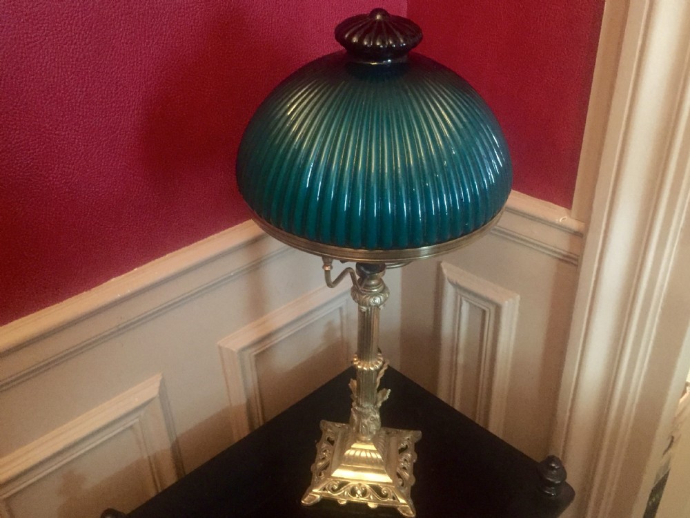 Art Nouveau Desk Lamp Bronze and Green Dome Opaline View XIII
