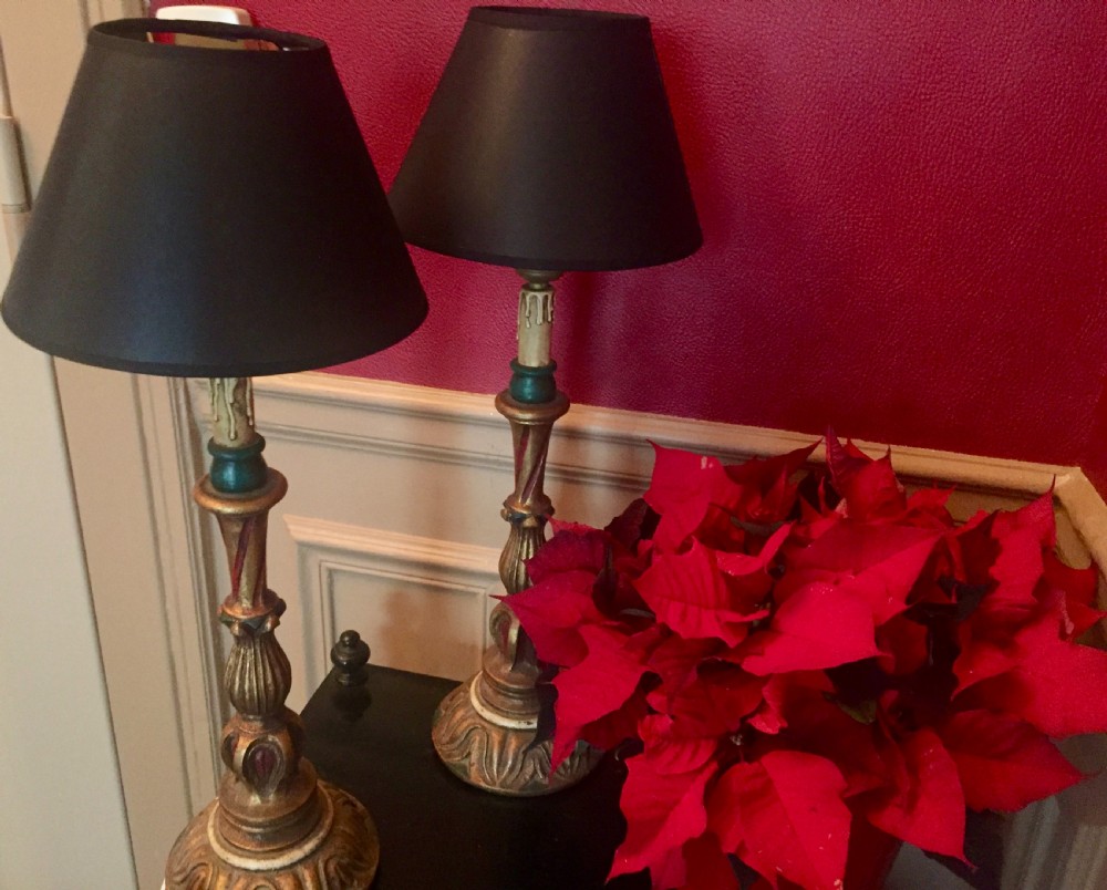 Pair Giltwood Bedside Consol / Sofa Lamps Black Shades View VII