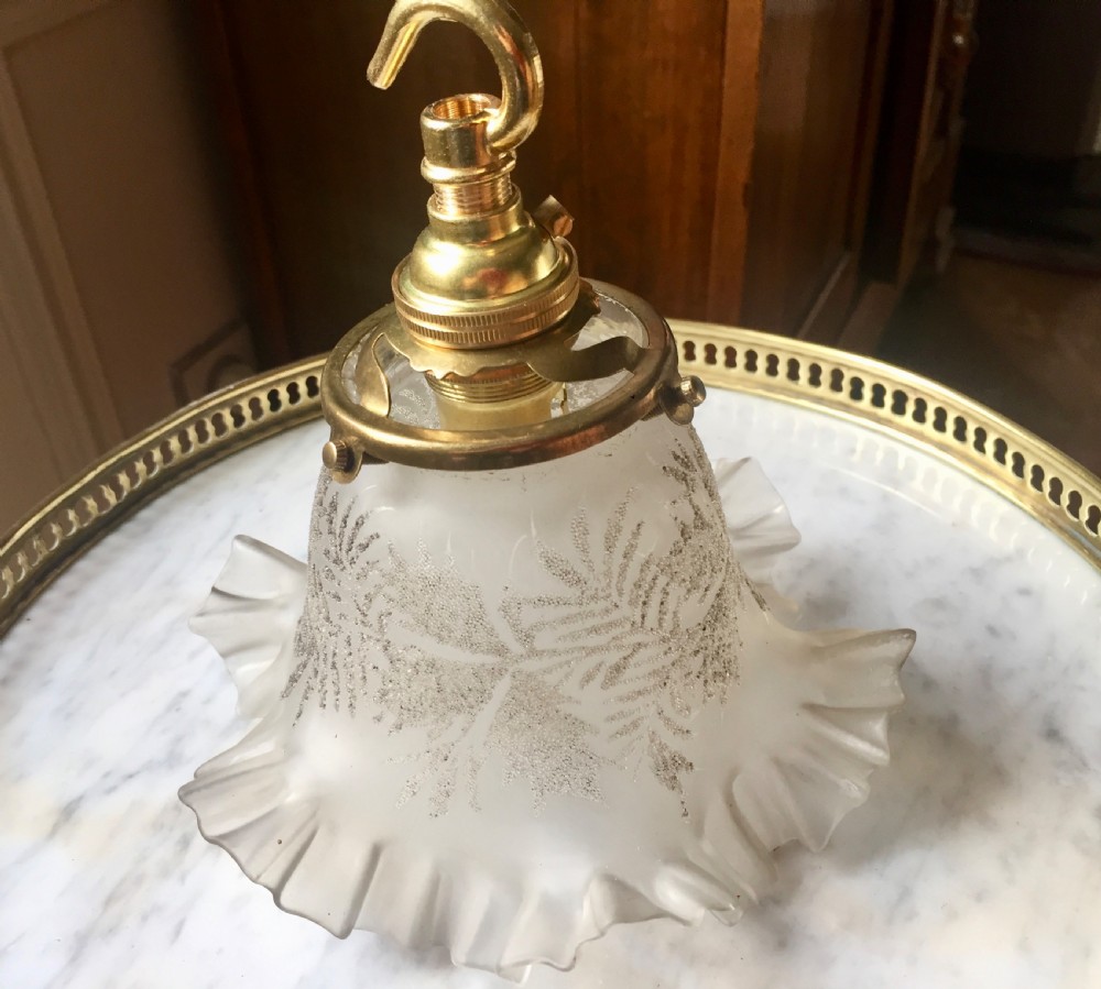 Unusual 1920 Silver Etched Foliage Ceiling Lamp French View III