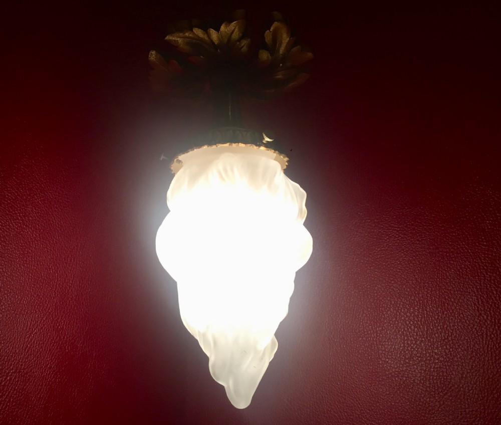 Art Nouveau  Style French Ceiling Flame Frosted Glass and Bronze View V
