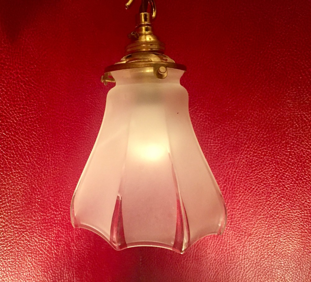 Art Deco French Ceiling Lamp Frosted Glass and Brass View VI