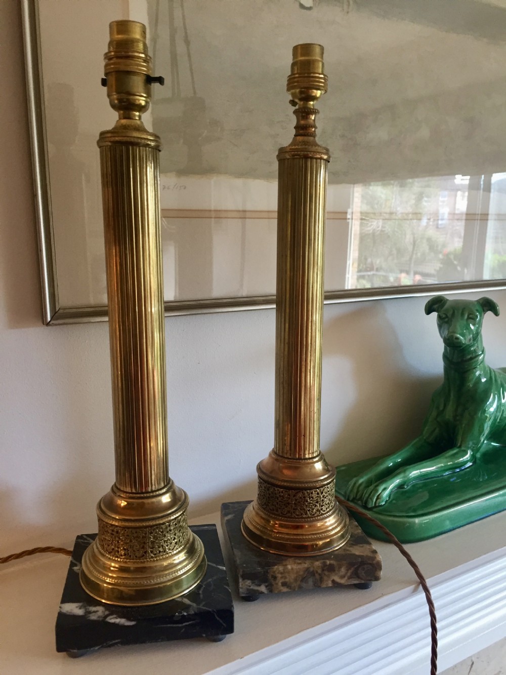 Handsome Near Pair French Obelisks Lamps Brass on Granit
