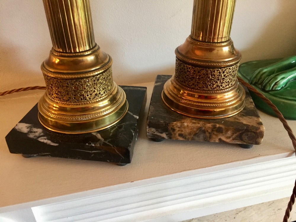 Handsome Near Pair French Obelisks Lamps Brass on Granit View III