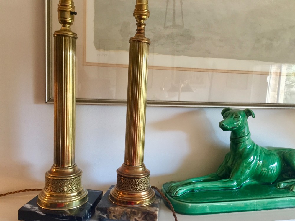Handsome Near Pair French Obelisks Lamps Brass on Granit View IV