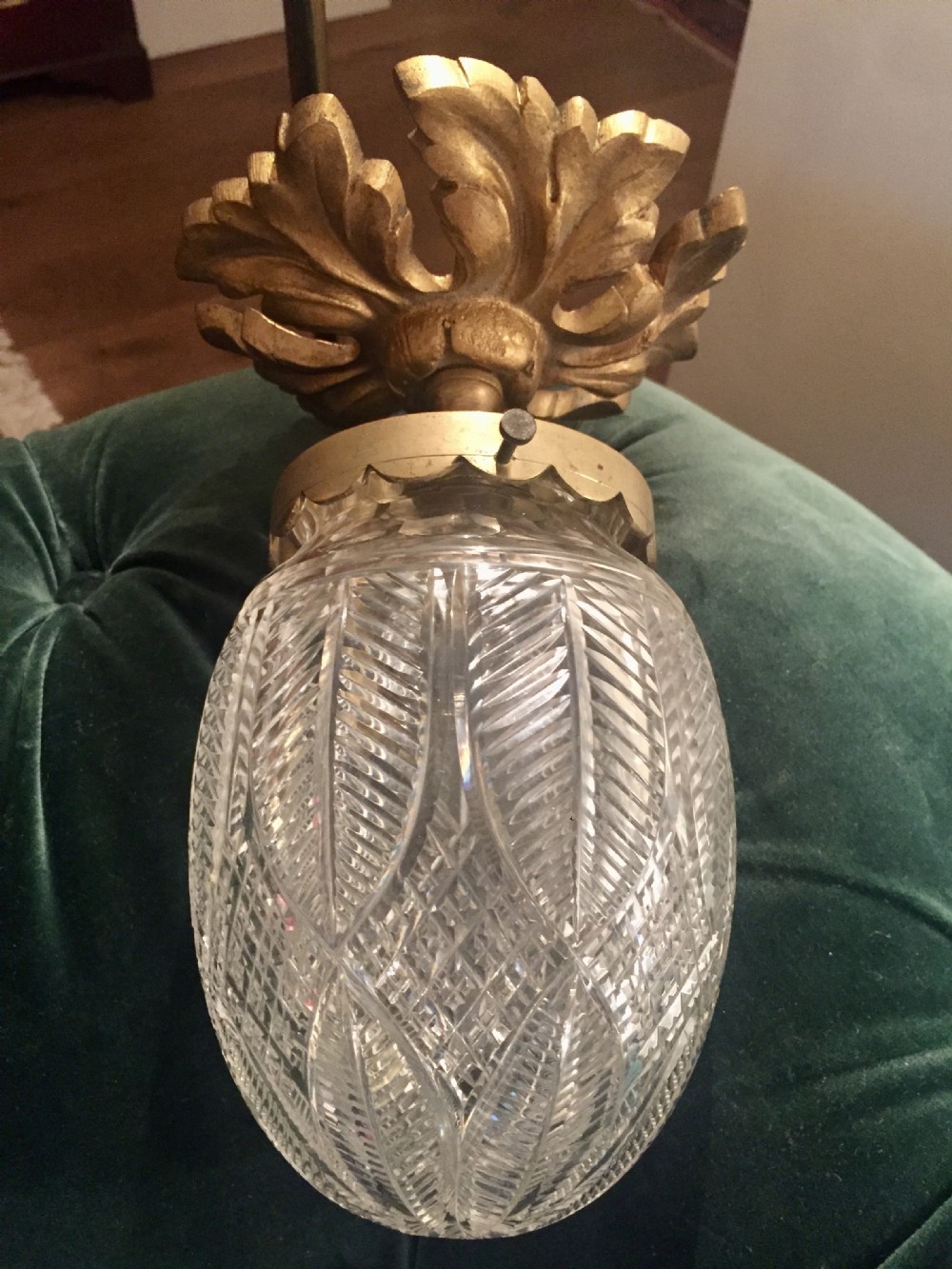 Edwardian Acorn Crystal and Brass Ceiling Lamp 