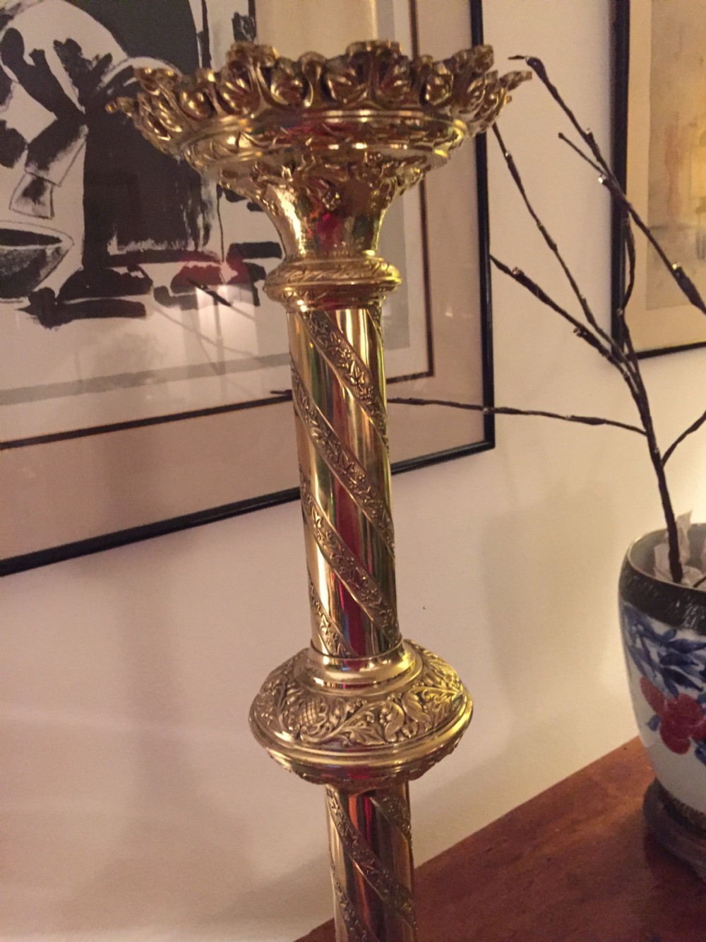 A 19th-century French brass altar candlestick converted into a table lamp, featuring an ornate tri-form base and a spiral-fluted column. View VI