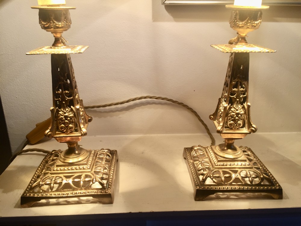 Spectacular Pair Arts and Crafts Lamps Bronze View X