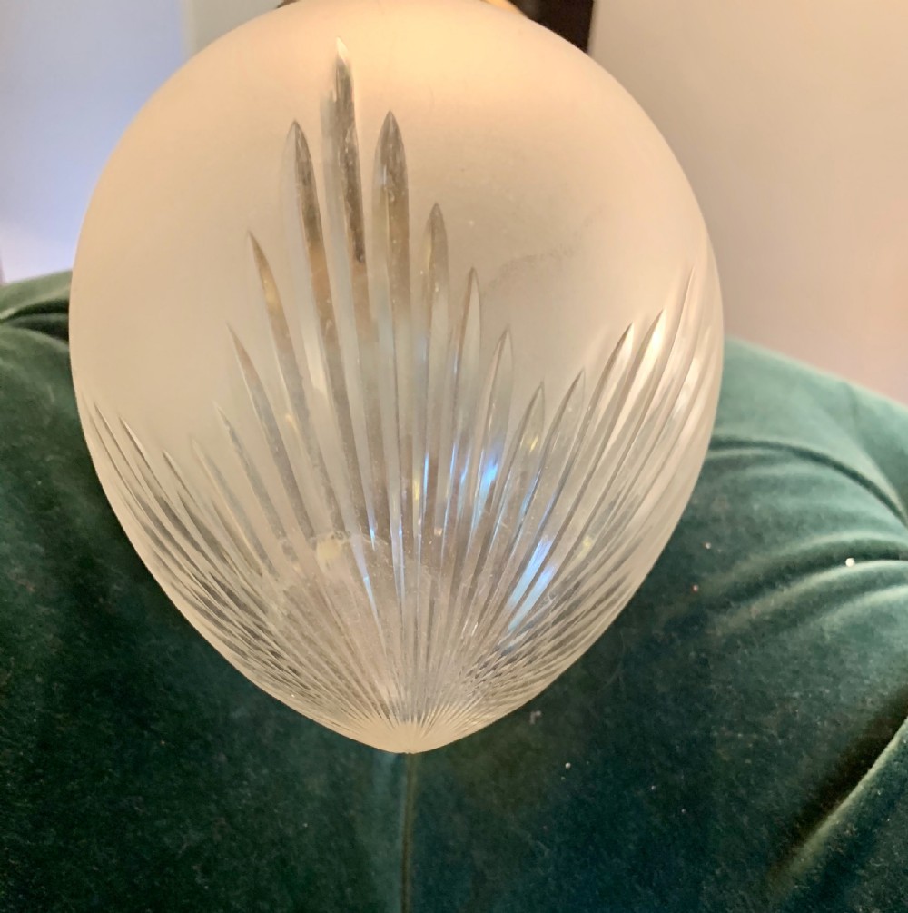 An Edwardian period frosted glass pendant lantern featuring cut leaf details at the base and a polished brass top gallery. View IV