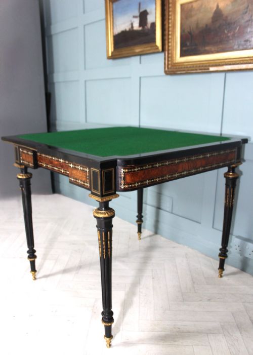 19TH CENTURY FRENCH NAPOLEON III EBONISED INLAID CARD TABLE WITH BRASS AND MOTHEROFPEARL DETAIL - ADDITIONAL PHOTO 5