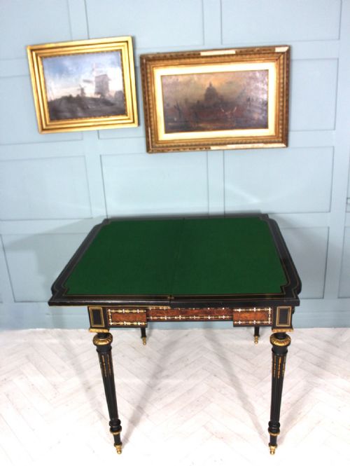 19TH CENTURY FRENCH NAPOLEON III EBONISED INLAID CARD TABLE WITH BRASS AND MOTHEROFPEARL DETAIL - ADDITIONAL PHOTO 6