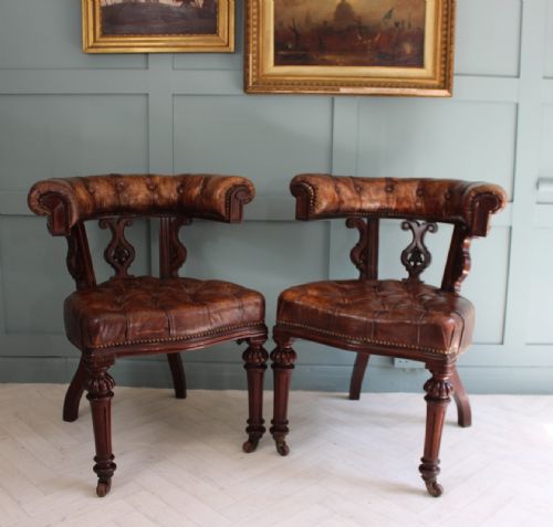 19th century pair of leather library desk chairs - CATEGORY: ANTIQUE CHAIRS - DATED 1870