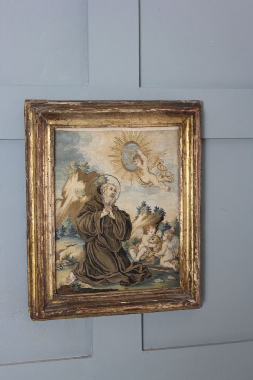 18TH SPANISH EMBROIDERED PAINTED SILK PANEL DEPICTING THE SAINT FRANCIS PAOLA - ADDITIONAL PHOTO 1