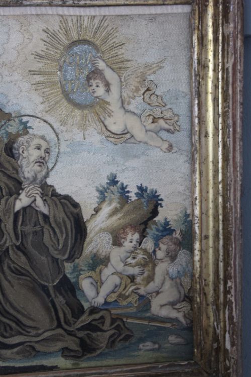 18TH SPANISH EMBROIDERED PAINTED SILK PANEL DEPICTING THE SAINT FRANCIS PAOLA - ADDITIONAL PHOTO 2