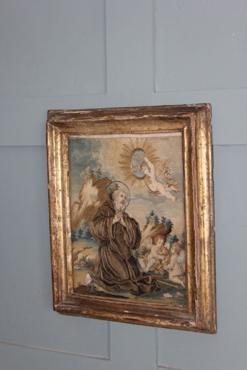 18TH SPANISH EMBROIDERED PAINTED SILK PANEL DEPICTING THE SAINT FRANCIS PAOLA - ADDITIONAL PHOTO 3