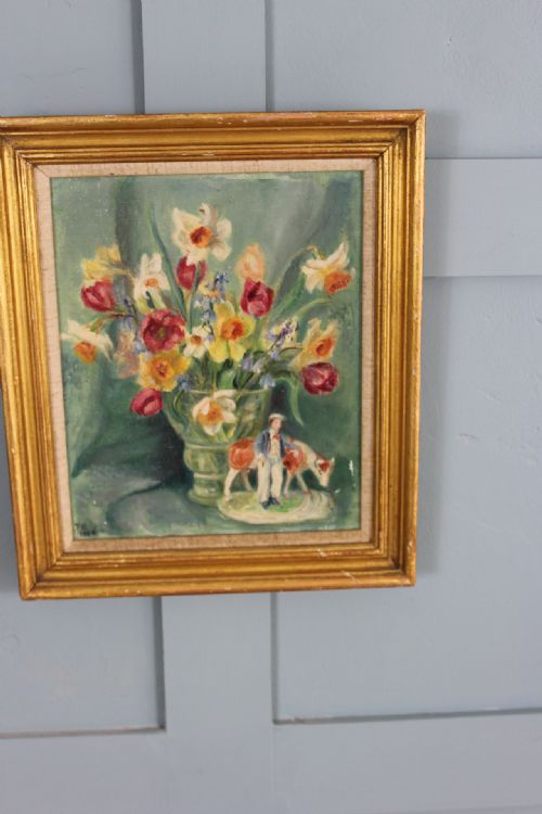 1950S STILL LIFE OF PAINTING OF SPRING FLOWERS AND STAFFORDSHIRE POTTERY - ADDITIONAL PHOTO 1