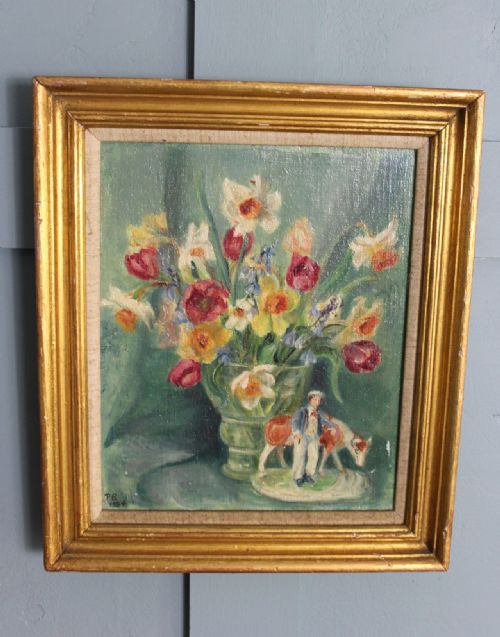 1950S STILL LIFE OF PAINTING OF SPRING FLOWERS AND STAFFORDSHIRE POTTERY - ADDITIONAL PHOTO 6