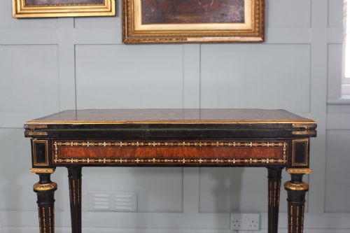 19TH CENTURY FRENCH NAPOLEON III EBONISED INLAID CARD TABLE WITH BRASS AND MOTHEROFPEARL DETAIL - ADDITIONAL PHOTO 10