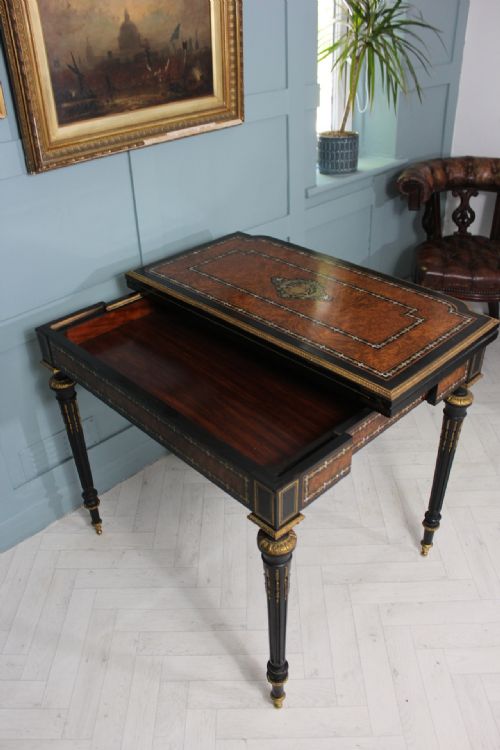 19TH CENTURY FRENCH NAPOLEON III EBONISED INLAID CARD TABLE WITH BRASS AND MOTHEROFPEARL DETAIL - ADDITIONAL PHOTO 11